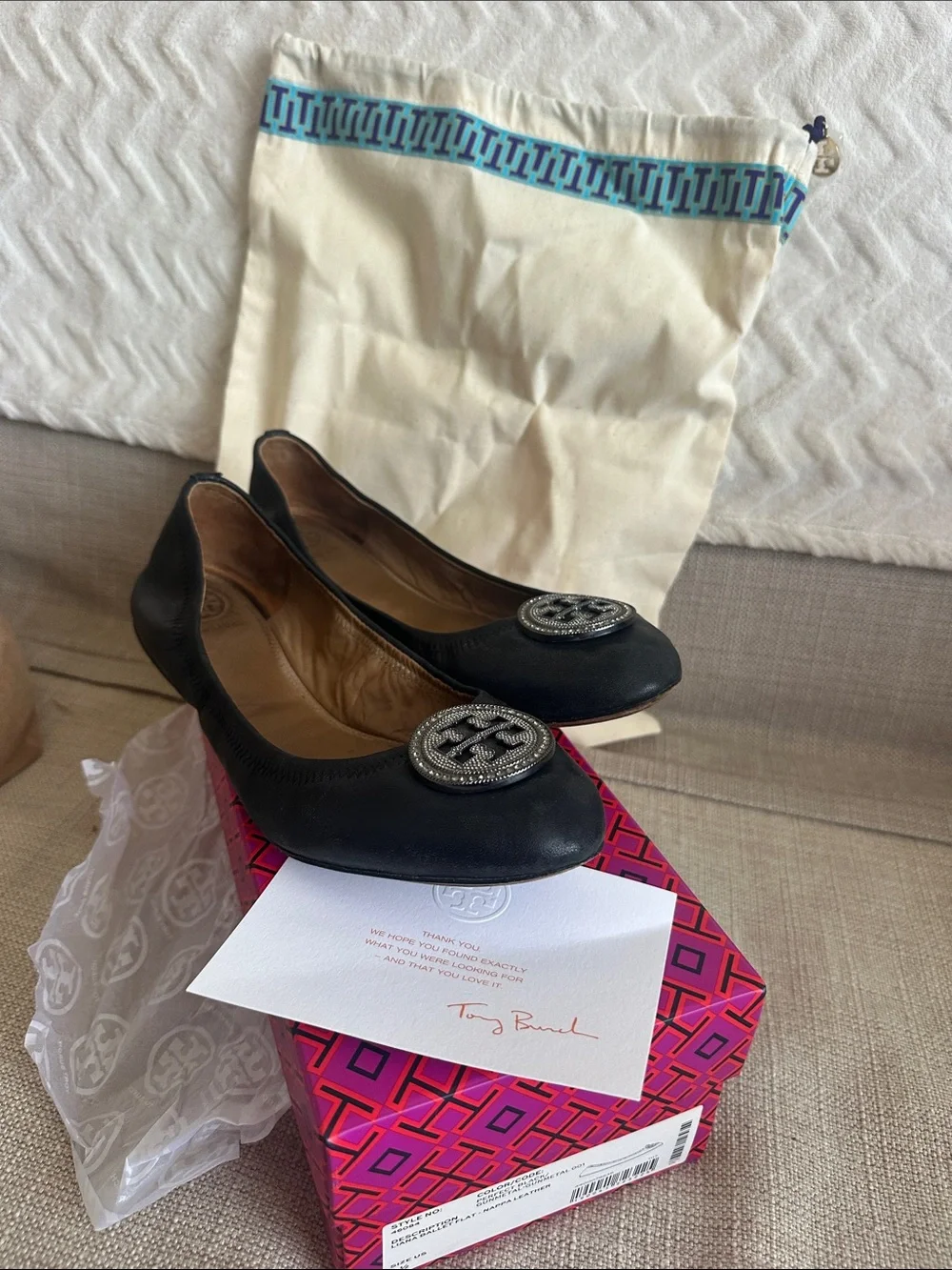 Tory Burch Black Leather Logo-Embellished Ballet Flats